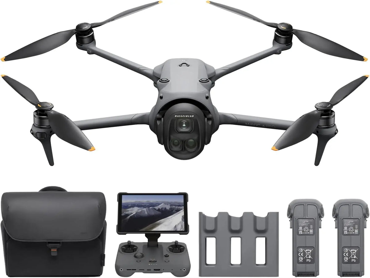 Dron DJI Mavic 4 Pro con cámara y cuatro hélices, estuche, control y baterías.