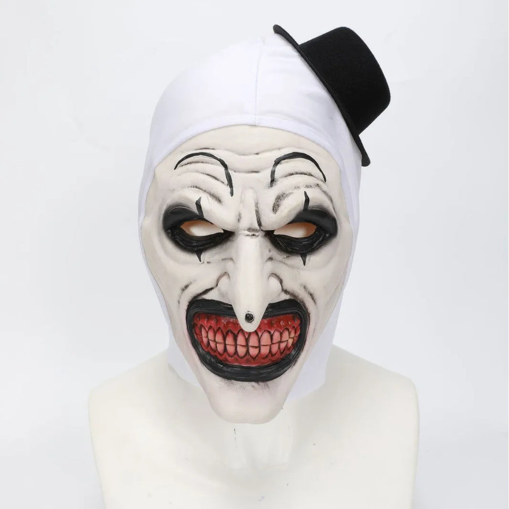 Espeluznante arte terrorífico la máscara de payaso Cosplay Horror Demon Killer Joker sombrero casco de látex fiesta de Halloween accesorios de disfraz Purim