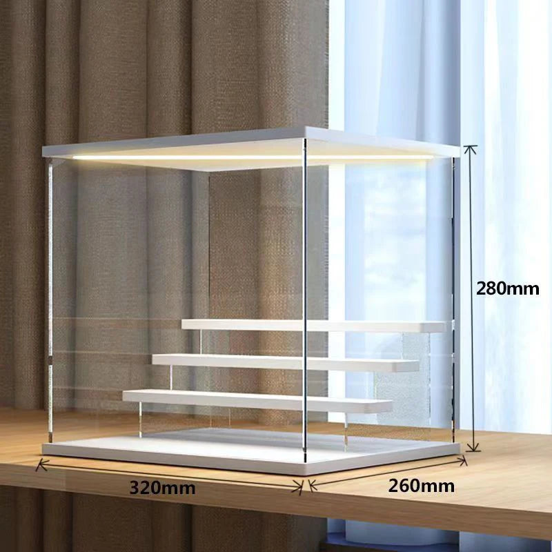 Vitrina de acrílico transparente para figuras con luces LED, caja de almacenamiento a prueba de polvo con escalones, expositor para juguetes y modelos de coches