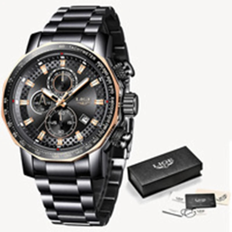 Reloj de negocios LIGE para hombre, de moda, militar, deportivo, resistente al agua, reloj de pulsera de cuarzo, de marca de lujo, de acero completo, reloj grande para hombre
