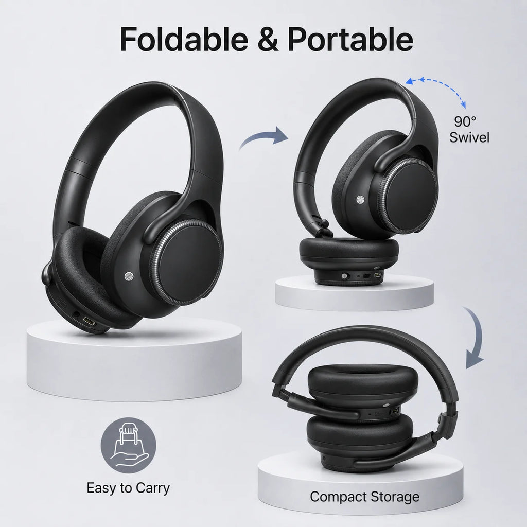 Auriculares inalámbricos Bluetooth 6.0 con ANC (cancelación activa de ruido), controladores de 40 mm, 50 horas de reproducción, control de volumen giratorio y diseño circumaural.