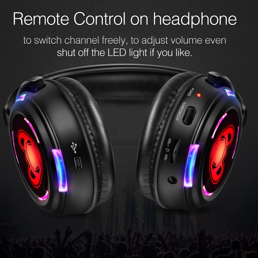 El mejor sistema de auriculares para discoteca silencioso, auriculares LED intermitentes con transmisor de 3 canales y 500M, inalámbrico RF para iPod, MP3, DJ y música