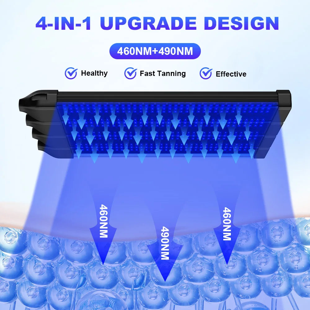 Lámpara bronceadora de 4 cabezales 360 °   Máquina de bronceado por rotación, luz azul de 432 LED, longitud de onda de 460nm y 490nm, 60W, luz bronceadora para solárium