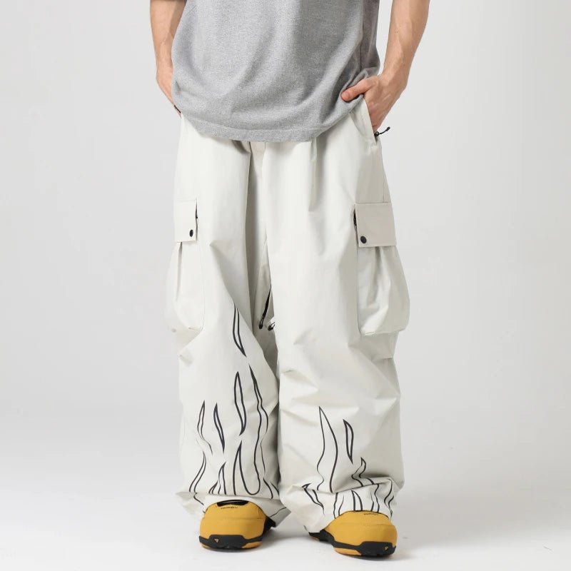 Nuevo GSOU SNOW reflectante llama gráfico hombres holgados Snowboard pantalones de invierno mujeres nieve impermeable Cargo snowboard pantalones de esquí