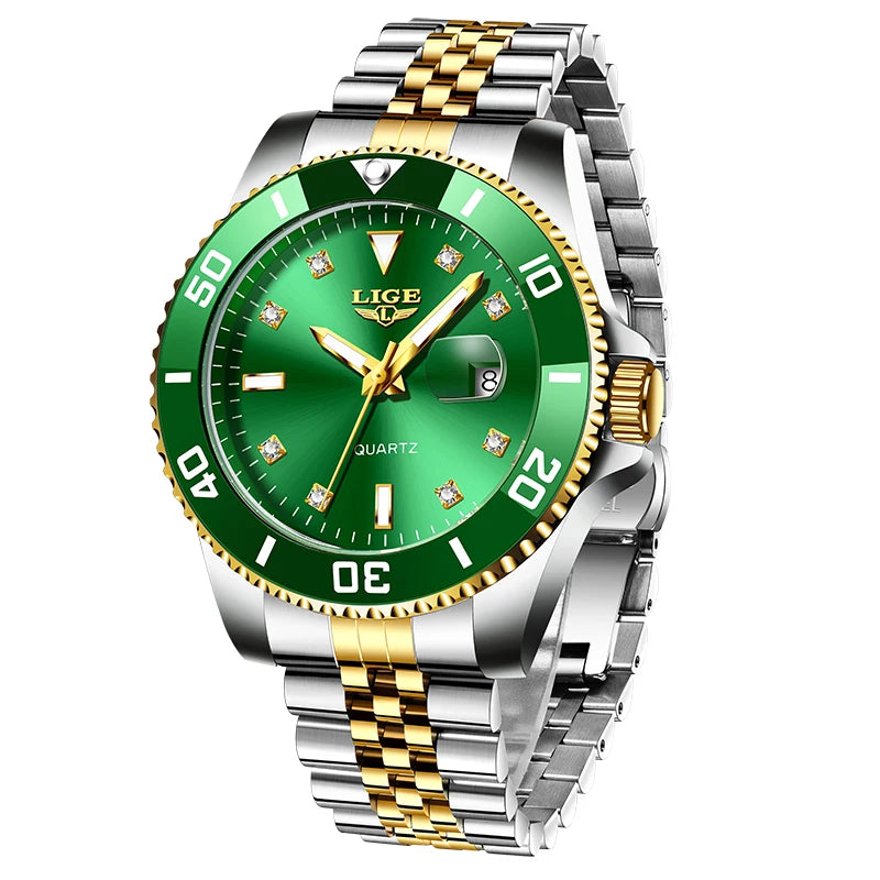 Reloj para hombre de moda LIGE con esfera de diamantes, reloj de negocios, resistente al agua, con calendario, cierre desplegable de mariposa y correa de acero inoxidable.