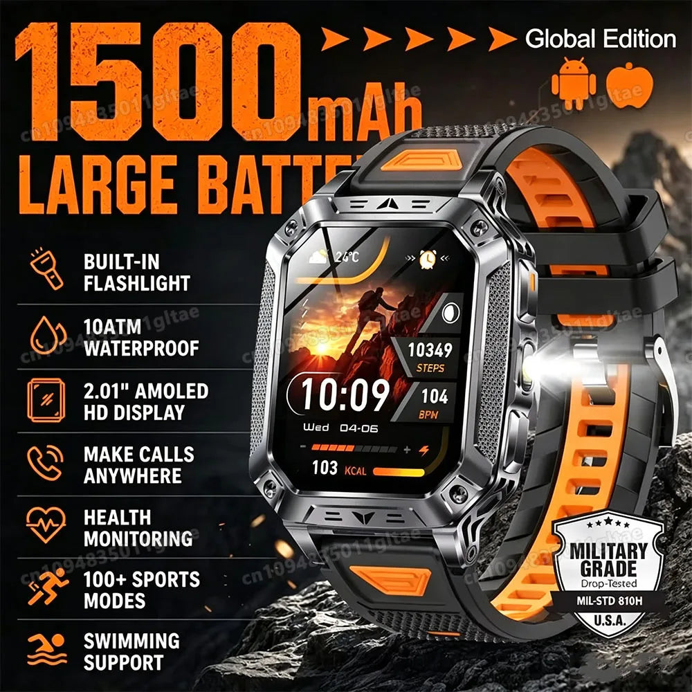 Reloj inteligente militar 2026 para hombre, 3ATM, deportivo para exteriores, rastreador de actividad física, monitor de presión arterial y salud, llamada BT, reloj inteligente con GPS