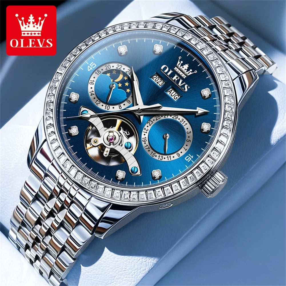 Reloj automático de lujo OLEVS 7016 para hombre, esqueleto, tourbillon, fase lunar, calendario, resistente al agua, reloj de pulsera mecánico de acero inoxidable
