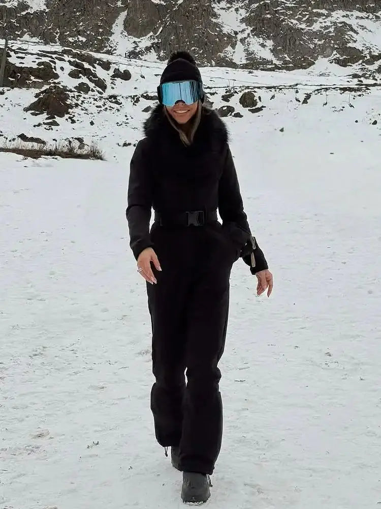 Ropa de esquí negra elegante con cuello levantado para mujer, mono ajustado de cintura alta con cintura de manga larga, mono cálido de invierno 2026