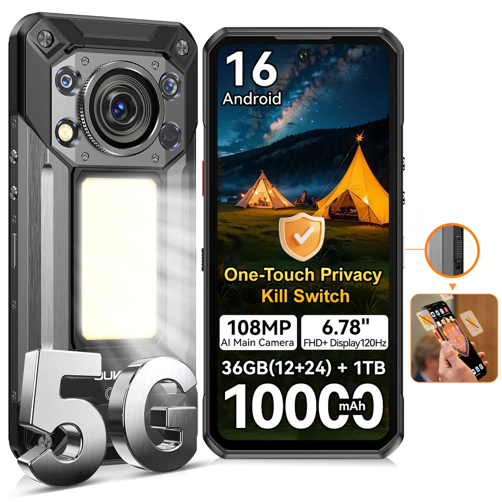 Smartphone Resistente 5G OUKITEL WP500, Pantalla FHD+ de 6,78 pulgadas, RAM 36GB (12GB +24GB) + Almacenamiento 1TB, Gran batería de 10000mAh, Linterna de camping ultrabrillante, Cámara principal 108MP, Android 16, Inte