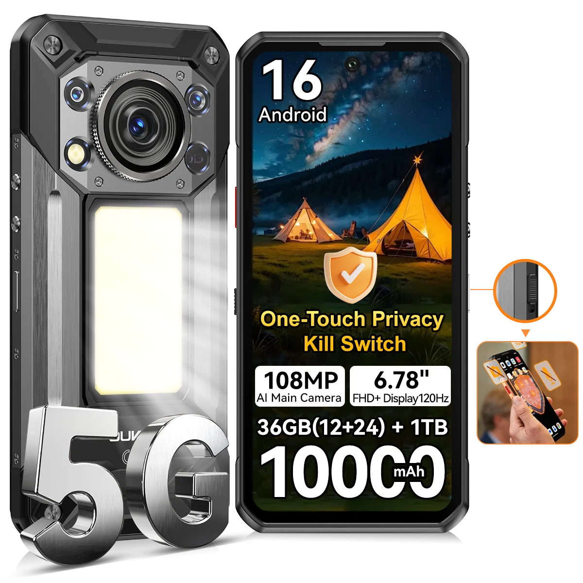 Smartphone Resistente 5G OUKITEL WP500, Pantalla FHD+ de 6,78 pulgadas, RAM 36GB (12GB + 24GB) + Almacenamiento 1TB, Gran batería de 10000mAh, Linterna de camping ultrabrillante, Cámara principal 108MP, Android 16, Inte
