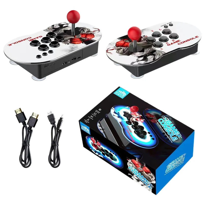 Consola de videojuegos portátil con joystick rojo, cables USB y caja del producto