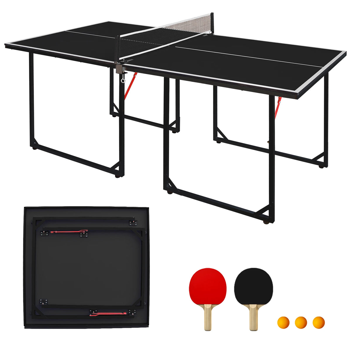 Mesa de Ping Pong Plegable de Tamaño Mediano, Portátil para Interiores y Exteriores, con Marco de Aluminio, Superficie de Juego de MDF, Patas con Bloqueo, Asas de Transporte, Red, 2 Palas, 3 Pelotas