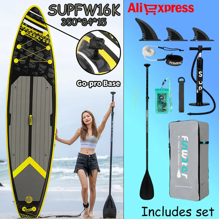 Tabla de Paddle Inflable Ultraligera Funwater SUPFW16K 350*84*15, Tabla de Paddle Antideslizante para Yoga Acuática, Pesca, Viajes y Surf para Adultos
