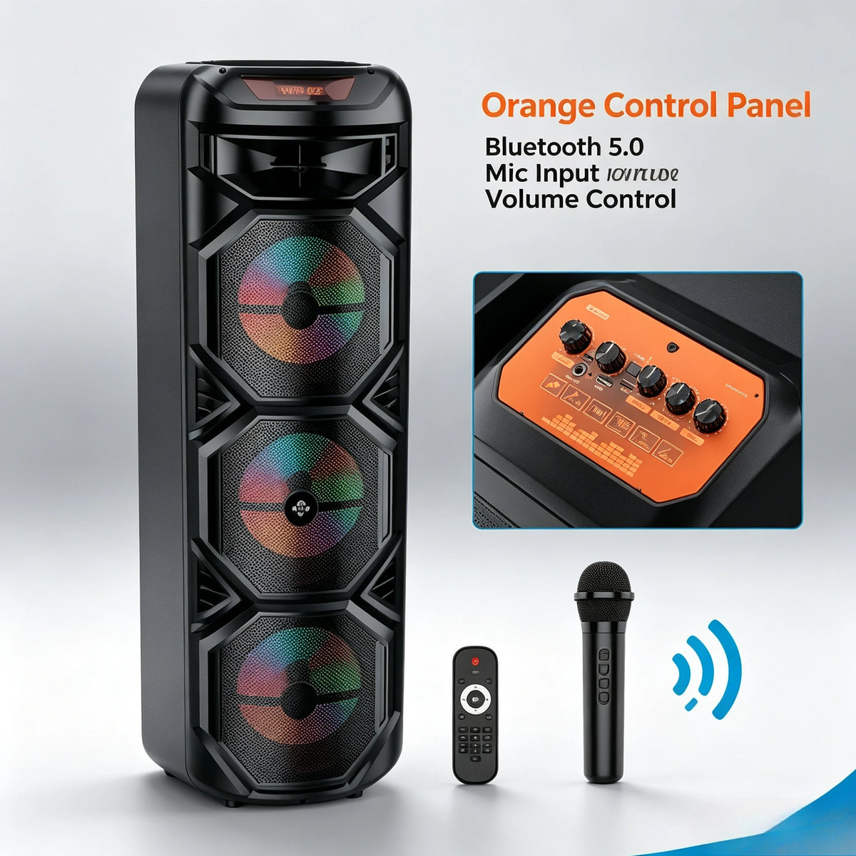 Altavoz Bluetooth Inalámbrico de 40W, Sistema de Karaoke con Bajos Profundos de 3x8 Pulgadas, Micrófono Inalámbrico, Luz RGB, Recargable, Caja de Sonido para Fiestas al Aire Libre
