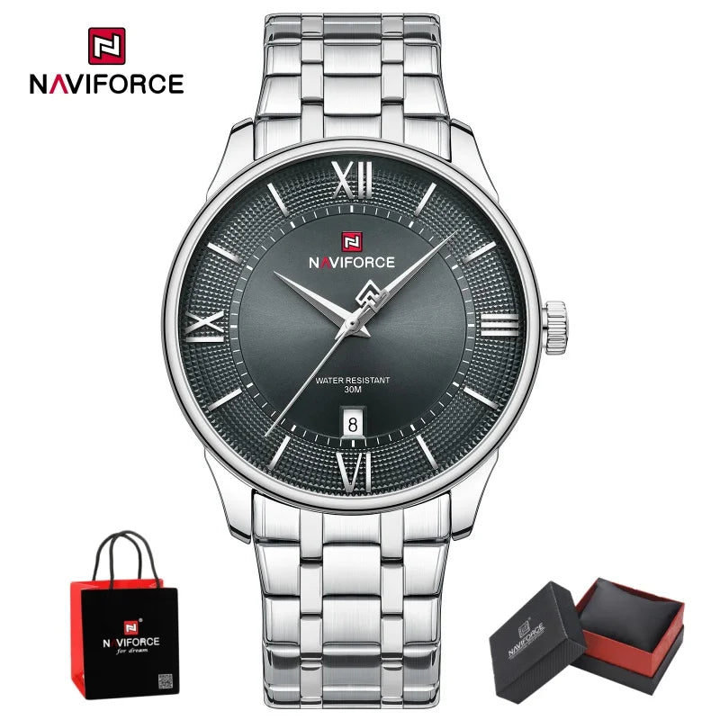 NAVIFORCE Men Elegant Quartz Wristwatch 3ATM Waterproof Calendar Stainless Steel Business Formal Watch Wristwatch Gifts box