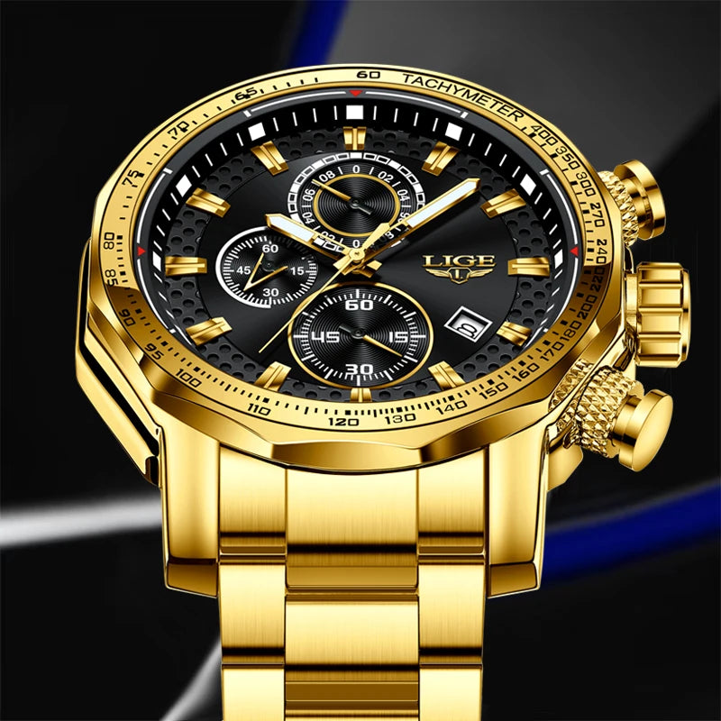 Reloj de negocios LIGE para hombre, de moda, militar, deportivo, resistente al agua, reloj de pulsera de cuarzo, de marca de lujo, de acero completo, reloj grande para hombre