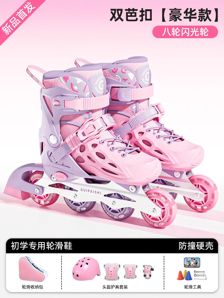 Patines en Línea con 4 Ruedas y Luces Intermitentes, con Juego Completo de Protección, Casco, Rodilleras, Coderas, Bolsa de Transporte, Talla Ajustable para Niños y Niñas