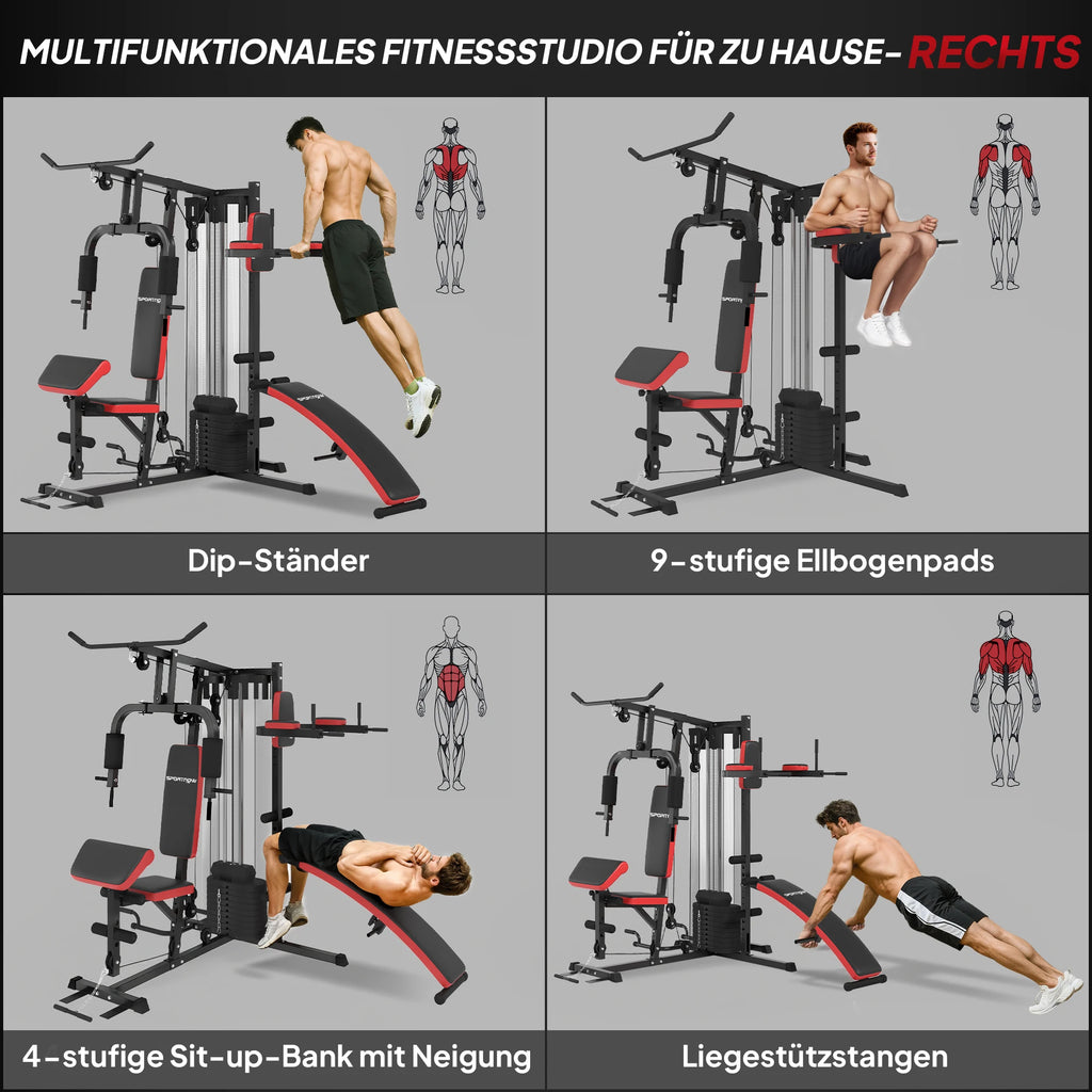 Estación de entrenamiento multifuncional para gimnasio, con un conjunto de pesas de 65 kg, que incluye todo lo necesario para un gimnasio en casa: banco para abdominales, soporte para flexiones y estación para ejercicios de