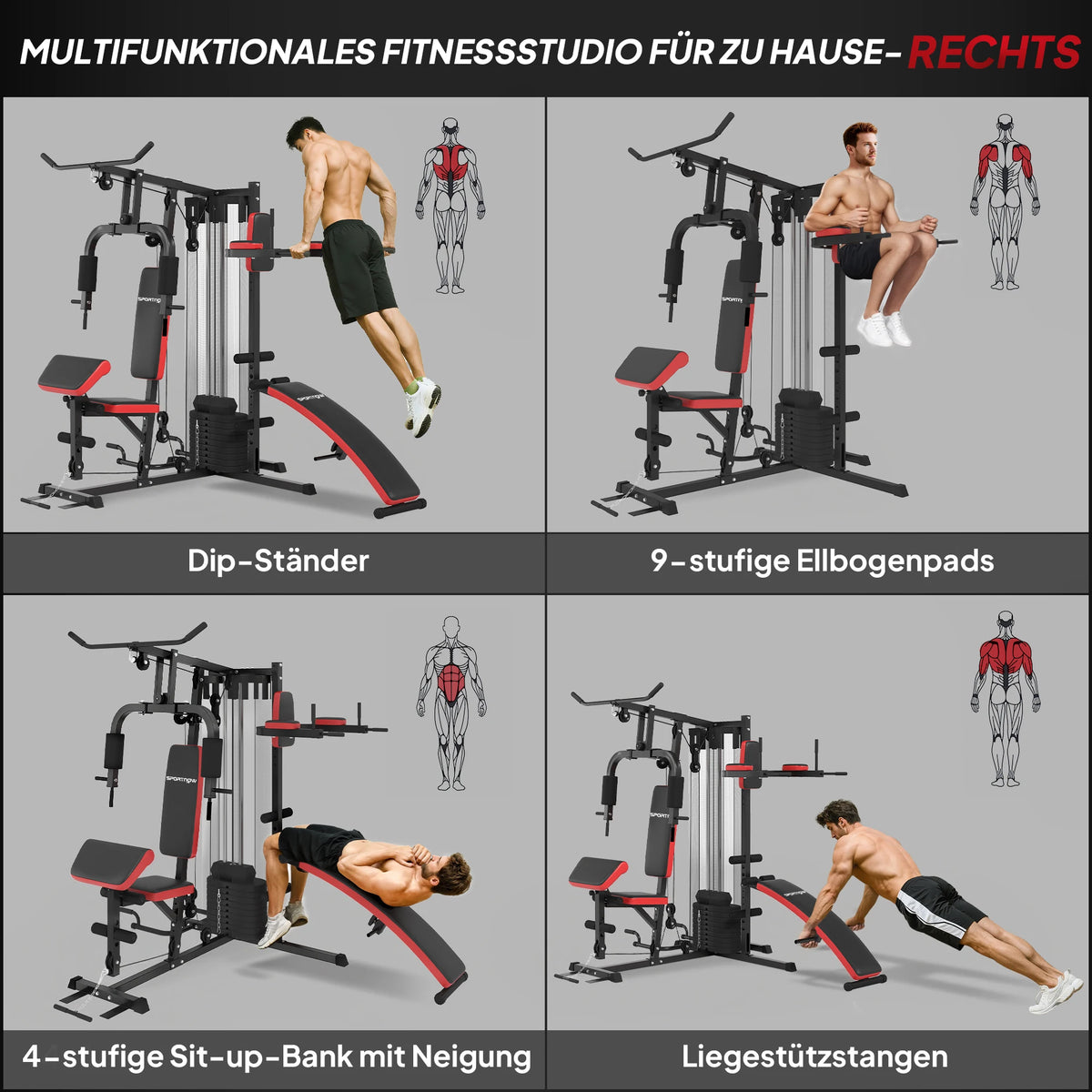 Estación de entrenamiento multifuncional para gimnasio, con un conjunto de pesas de 65 kg, que incluye todo lo necesario para un gimnasio en casa: banco para abdominales, soporte para flexiones y estación para ejercicios de