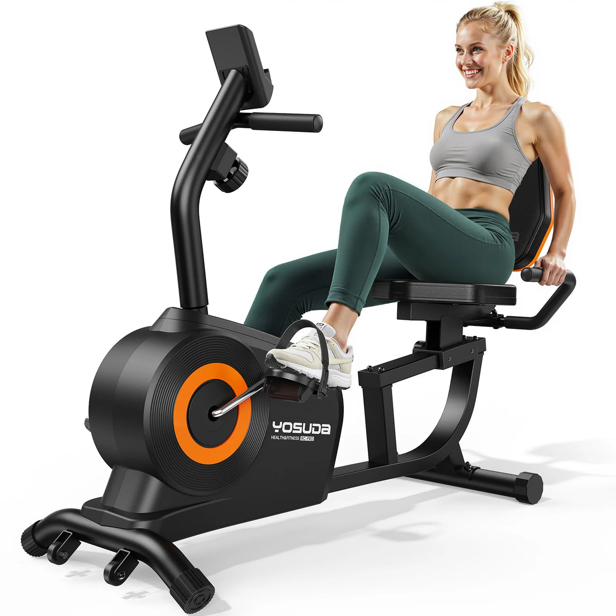 Bicicleta de Ejercicio Reclinada FED Fitness Serie Yosuda RE1, 16 Resistencias Magnéticas, Silenciosa, Asiento Ajustable, Fácil Montaje, Pantalla LCD y Sensor de Ritmo Cardíaco, 160 kg, Uso Doméstico