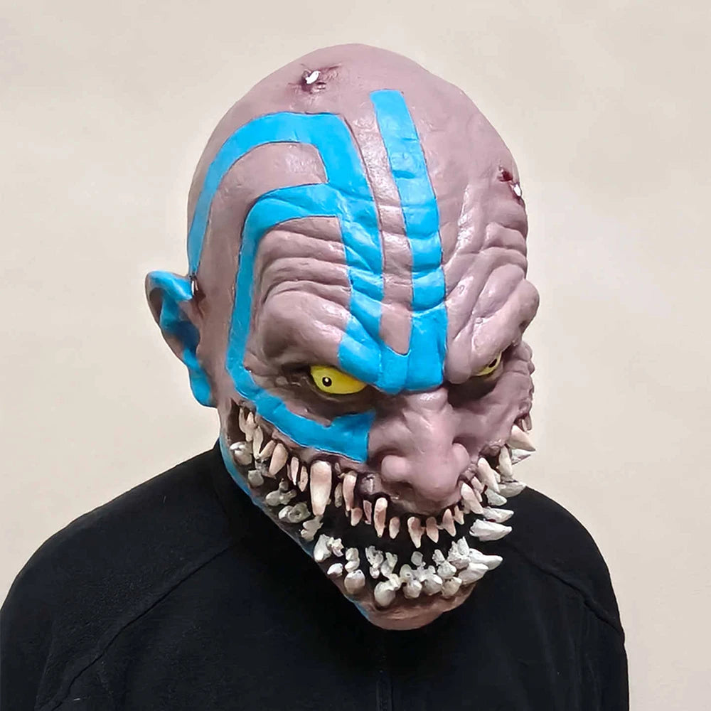 Game Mortal Kombat 11 Baraka Cosplay Mask Adults Blue Stripe Fanged Demon Latex Mask Horror Full Head Helmet Costume Accessory
