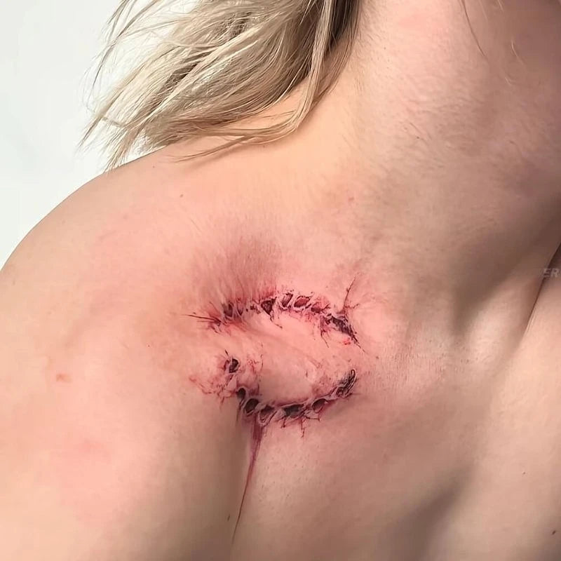 Tatuajes temporales de marca de mordida falsa roja para Halloween, cubierta de Cosplay, pegatina de tatuaje falso impermeable para cicatriz para mujer y hombre