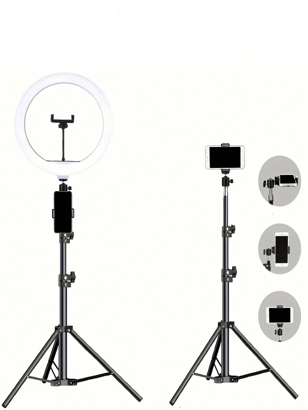 Trípode de 110 cm + clip en forma de O, equipado con anillo de luz de 10 pulgadas para transmisión en vivo y accesorio para selfies en vivo.