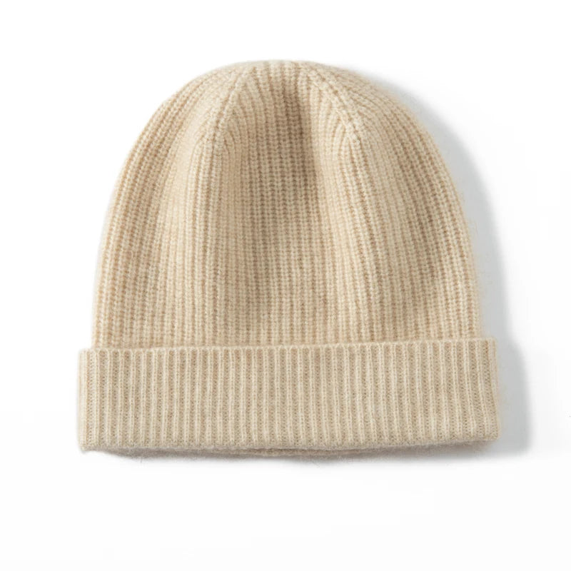 Gorro de Punto KOIJINSKY para Mujer, Otoño Invierno, 35% Cachemira, 65% Lana Merino, Diseño de Canalé Vertical, Color Sólido, Borde Enrollado Elástico y Suave