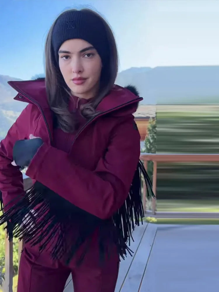 Traje de esquí informal con borlas lisas para mujer, cremalleras de piel con capucha, monos ajustados de cintura alta para mujer, moda de invierno 2025, ropa de esquí cálida para mujer