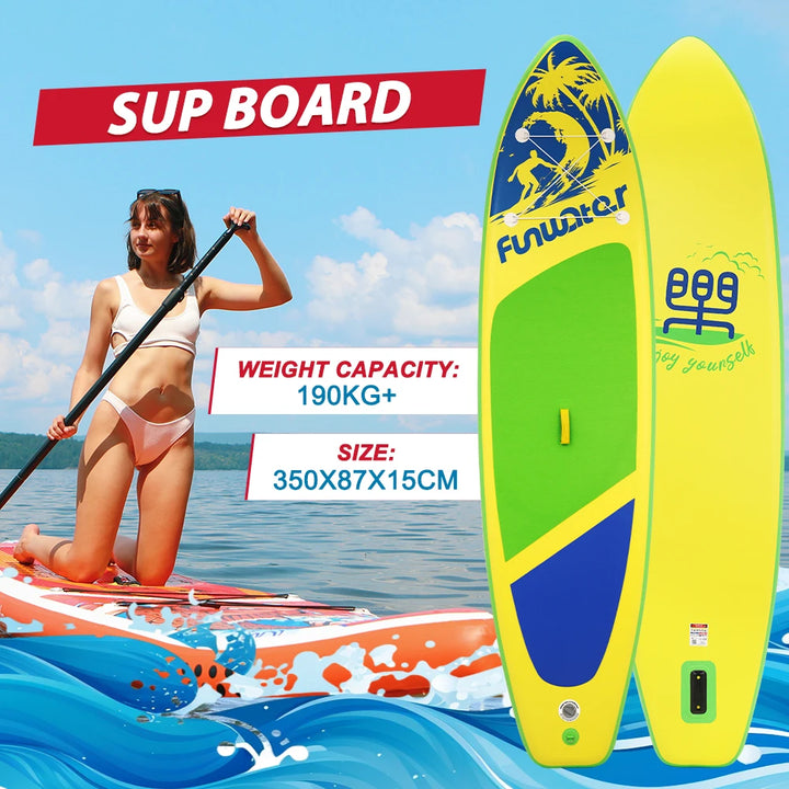 Paddle surf hinchable Funwater SUPFW28D, 350x87x15cm, 190kg+, tabla SUP amarilla, verde y azul con palmeras para rutas por aguas tranquilas, yoga, pesca y escapadas al lago, kit de accesorios incluido