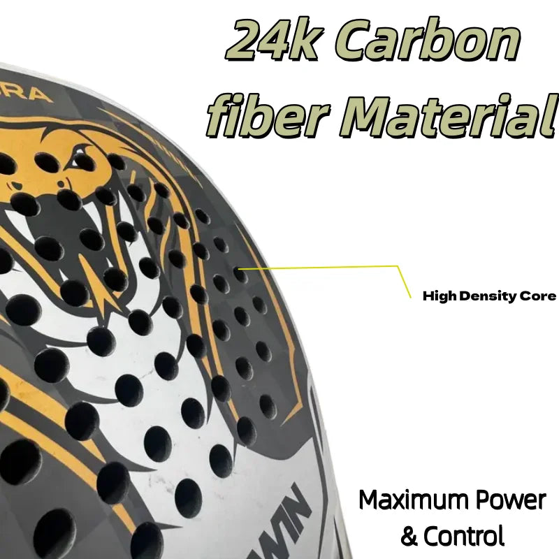 Raqueta de Pádel KOBRA 24K de Fibra de Carbono, Ligera, 38 mm de Grosor, Raqueta Profesional de Tenis de Pádel con Textura de Cabeza de Serpiente Dorada, Absorción de Impactos