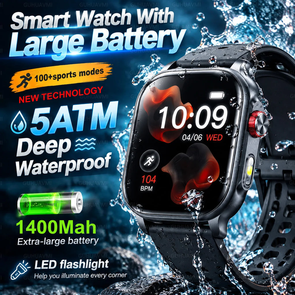 Reloj inteligente con batería grande de 1400 mAh, resistente al agua 5ATM, linterna LED, más de 100 modos deportivos, monitor de frecuencia cardíaca y rastreador de actividad física para hombre