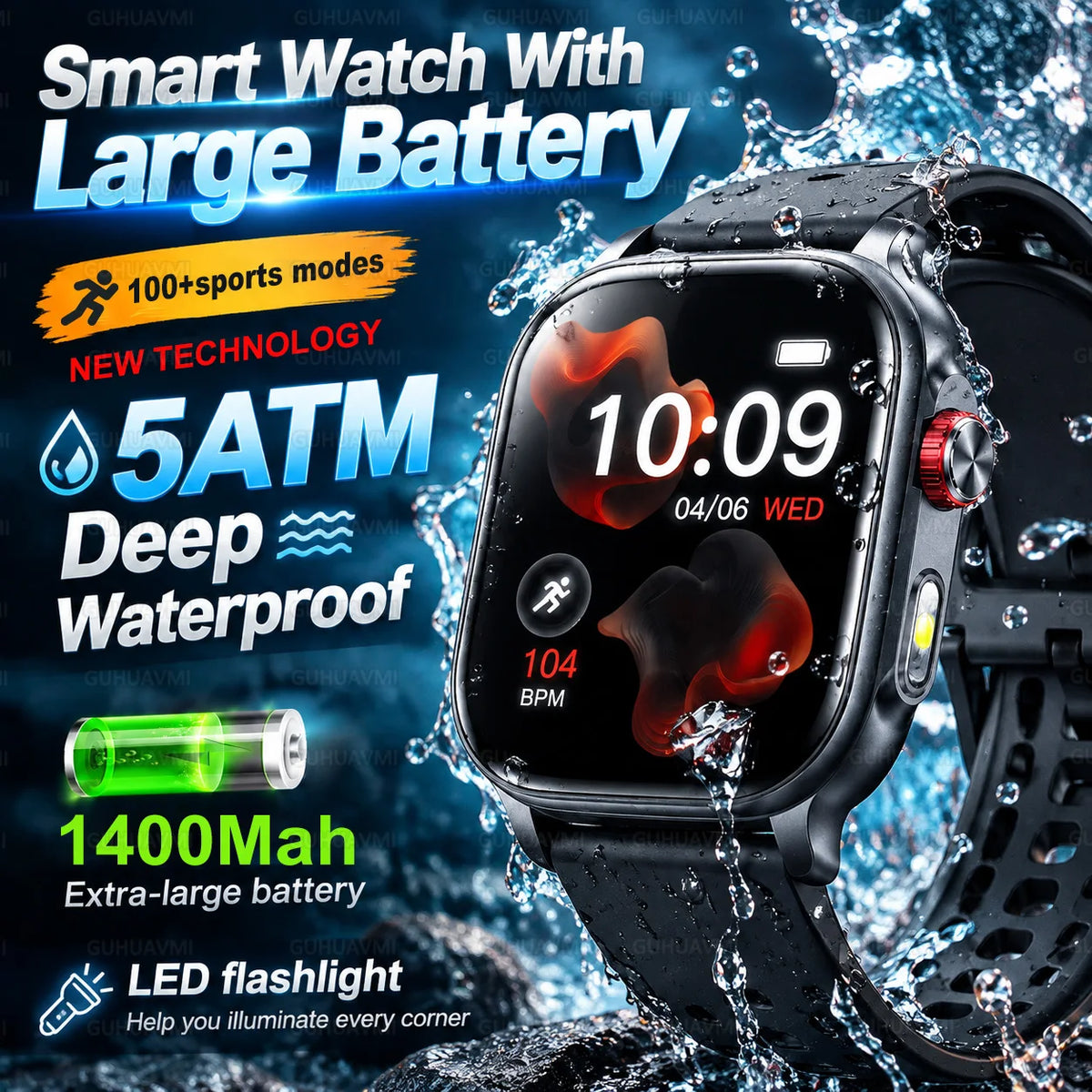 Reloj inteligente con batería grande de 1400 mAh, resistente al agua 5ATM, linterna LED, más de 100 modos deportivos, monitor de frecuencia cardíaca y rastreador de actividad física para hombre