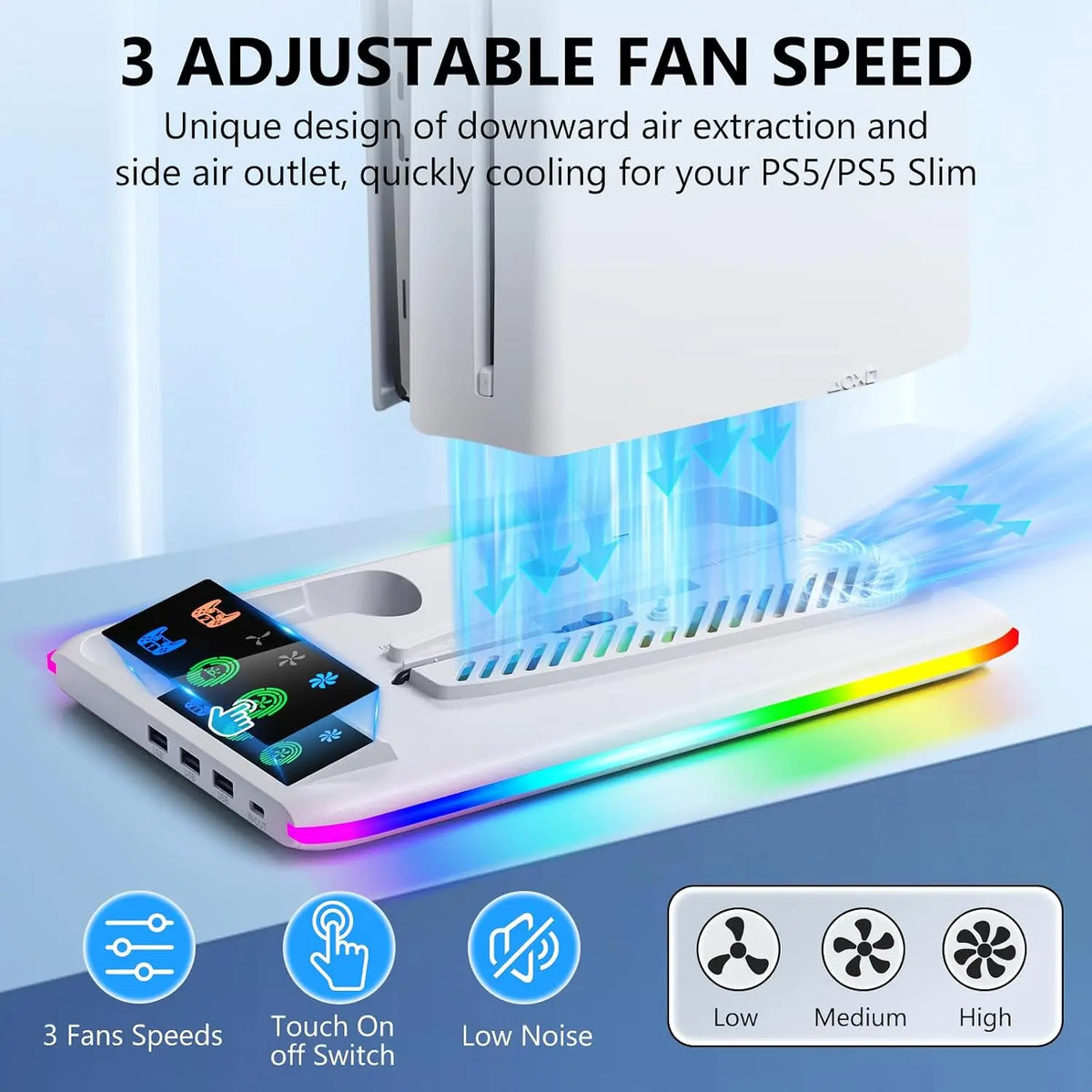 Base de refrigeración con estación de carga para mando LED para PS5/Slim/Pro, ventilador de refrigeración de 3 velocidades, accesorios para consola PlayStation 5