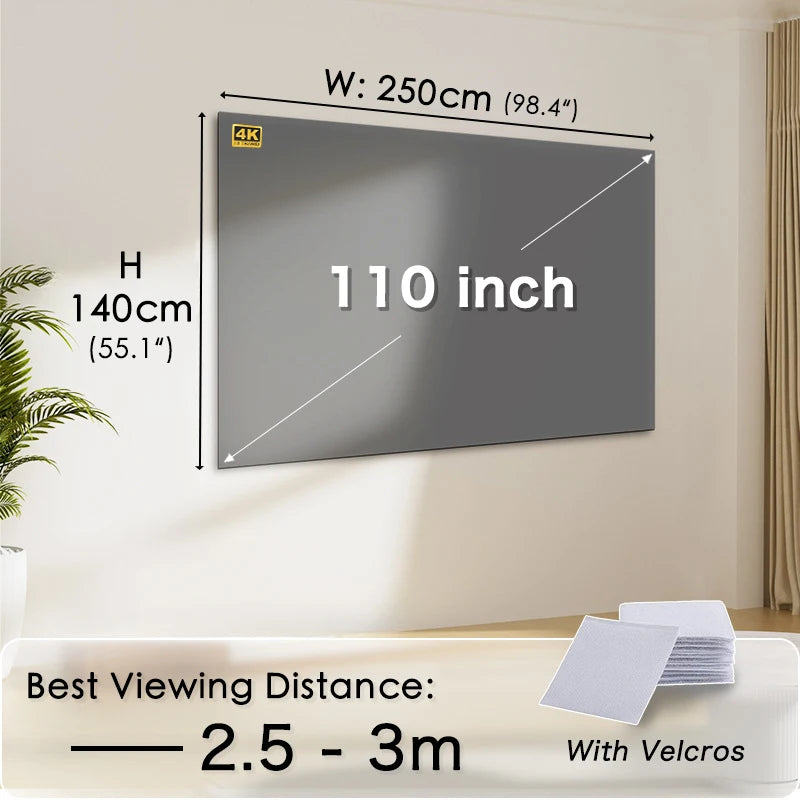 Pantalla de proyector 110 pulgadas 16:9 con velcros, 250×140 cm