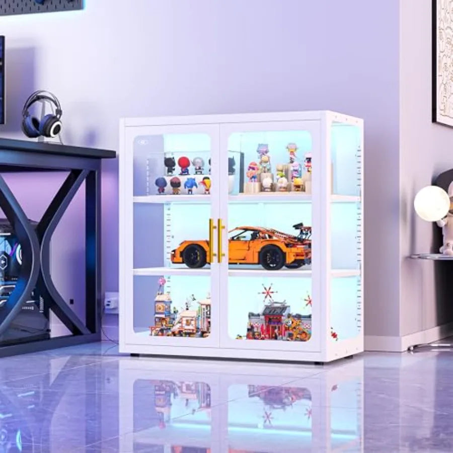 Vitrina blanca de vidrio templado con exhibición de juguetes y puertas de vidrio