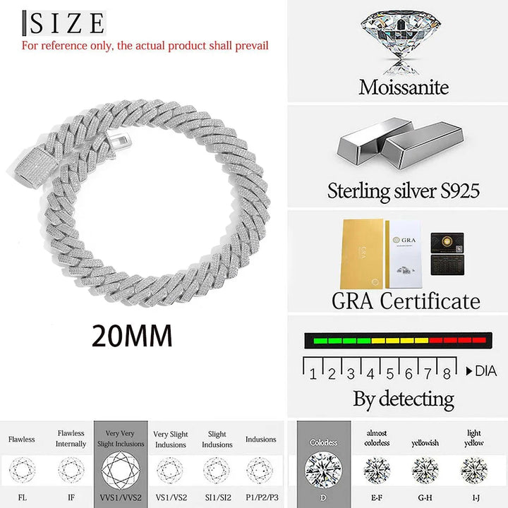 Joyería de Moda Hip-Hop, Cadena Cubana de 20MM con Certificado VVS GRA, Collares de Moissanita Color D en Plata de Ley S925