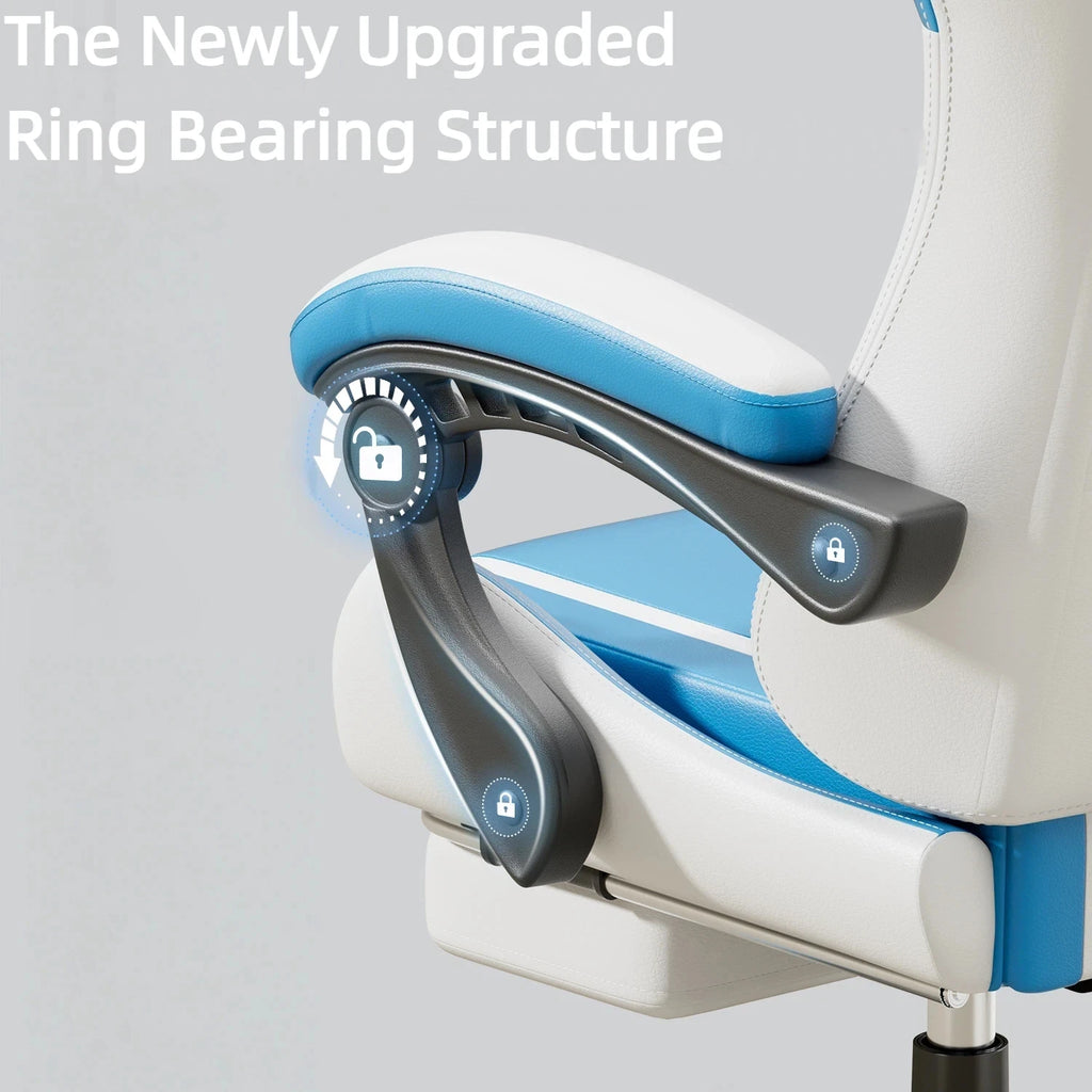 Silla de oficina ergonómica con reposacabezas y reposapiés masaje, azul y blanco