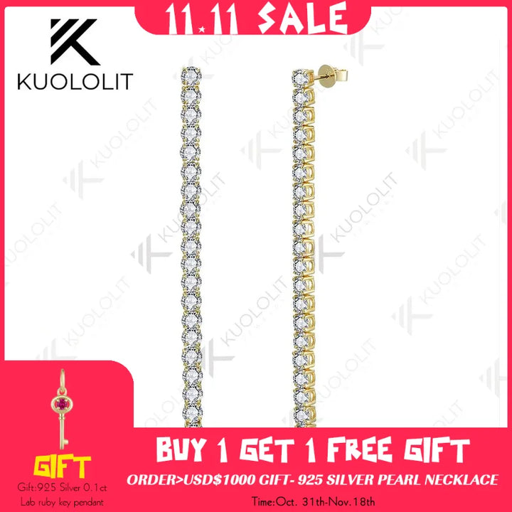 Kuololit 10.5CTW Pendientes de tuerca con diamantes cultivados en laboratorio para mujer Sólido 18K14K10K Pendientes largos de tenis amarillos DVS1 para regalos de Navidad