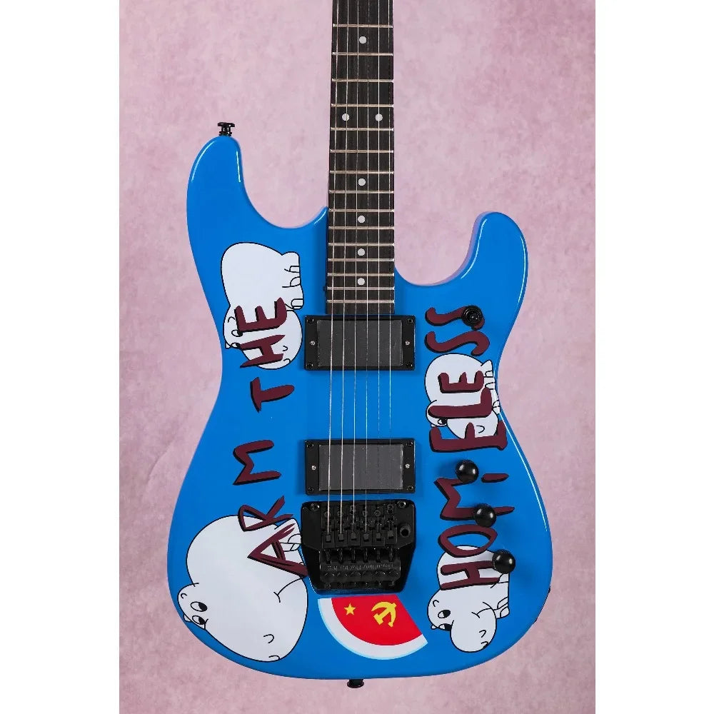 Guitarra eléctrica Morello de 6 cuerdas, color azul metálico, con diapasón de palisandro, puente Floyd Rose, mástil de arce y pastillas HH.