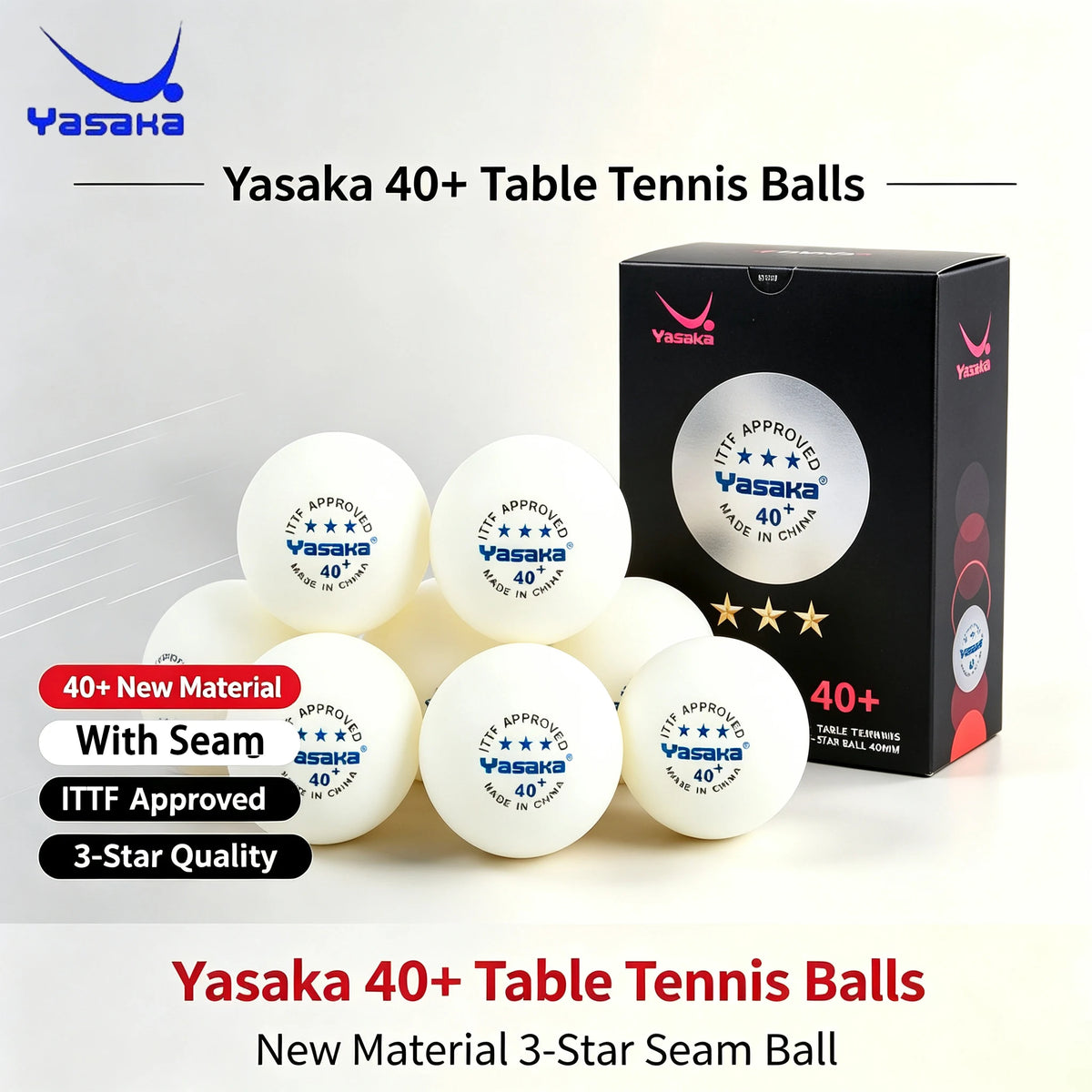 Pelotas de Tenis de Mesa Yasaka 3 Estrellas 40+ ABS, Nuevo Material, Pelotas de Ping Pong, Aprobadas por la ITTF, para Entrenamiento y Competición