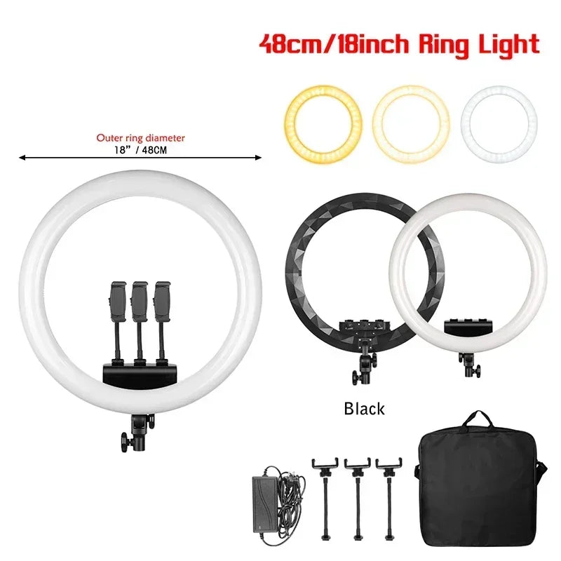 Aro de Luz LED de 45CM / 18 Pulgadas con Diferentes Estilos de Trípode o Soporte o Sin Soporte, Aro de Luz LED Grande de 18 Pulgadas con Control Remoto, Trípode, Soporte para Teléfono, Iluminación para Transmisiones en Vi