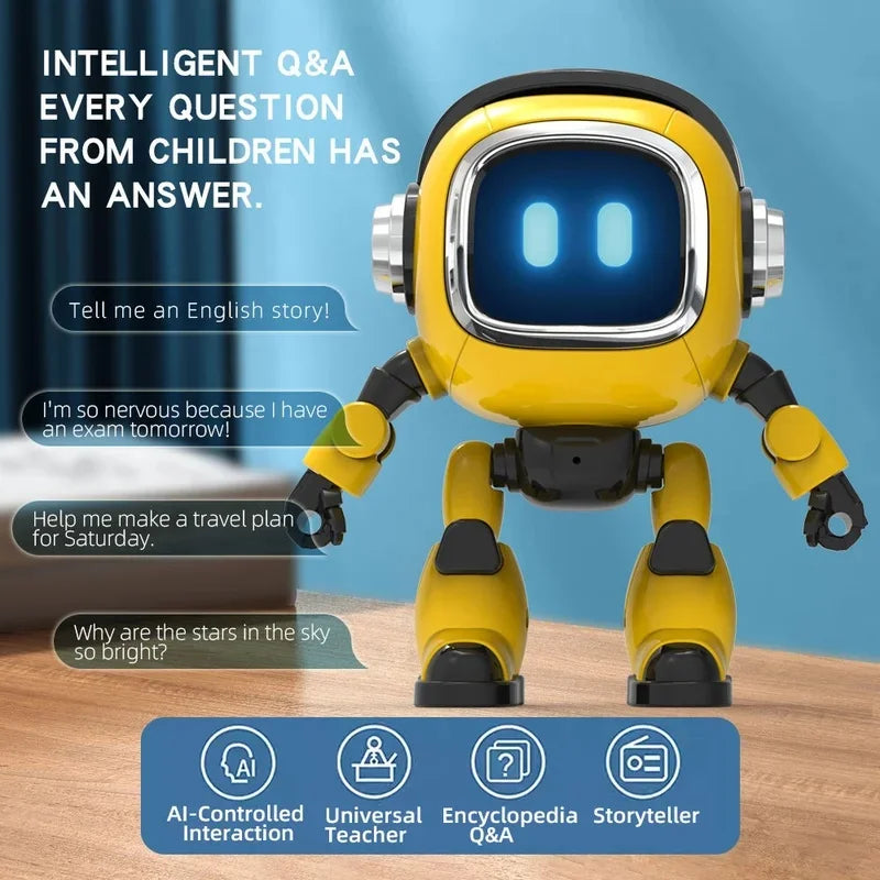 Robot amarillo con pantalla frontal azul, brazos extendidos y base con ruedas
