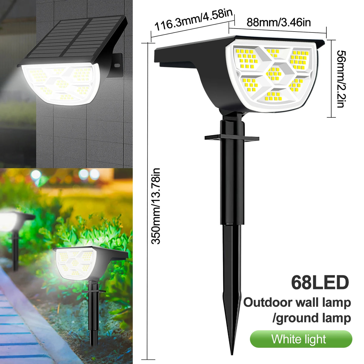 Luces solares LED de paisaje de 72/68 focos, impermeables IP65 para exteriores, con 3 modos, foco solar de jardín para patio, césped y camino