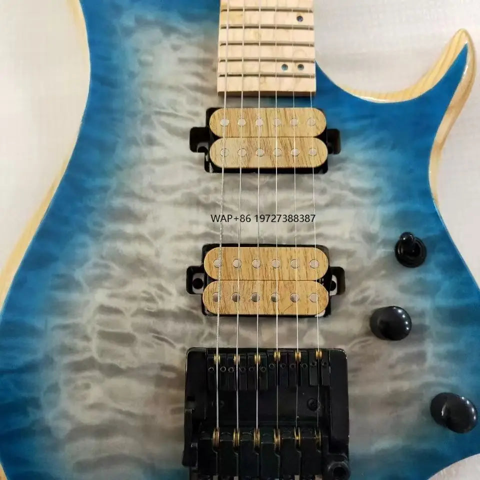 Tapa sólida de caoba de arce, 6 chapas de flores grandes, Color degradado azul y negro, nuevo cuerpo de madera de olmo sin cabeza, diapasón de guitarra eléctrica
