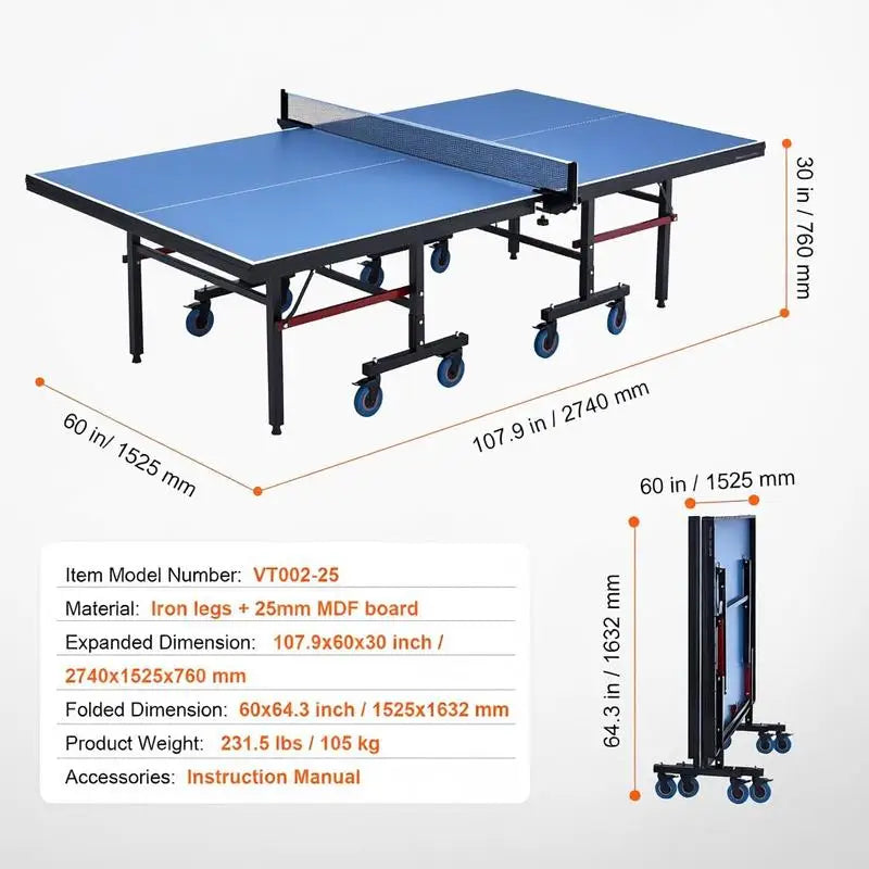 Mesa de ping pong plegable de MDF, tablero de 25 mm, ruedas bloqueables, red rápida, montaje en 10 minutos, interior, envío a Europa