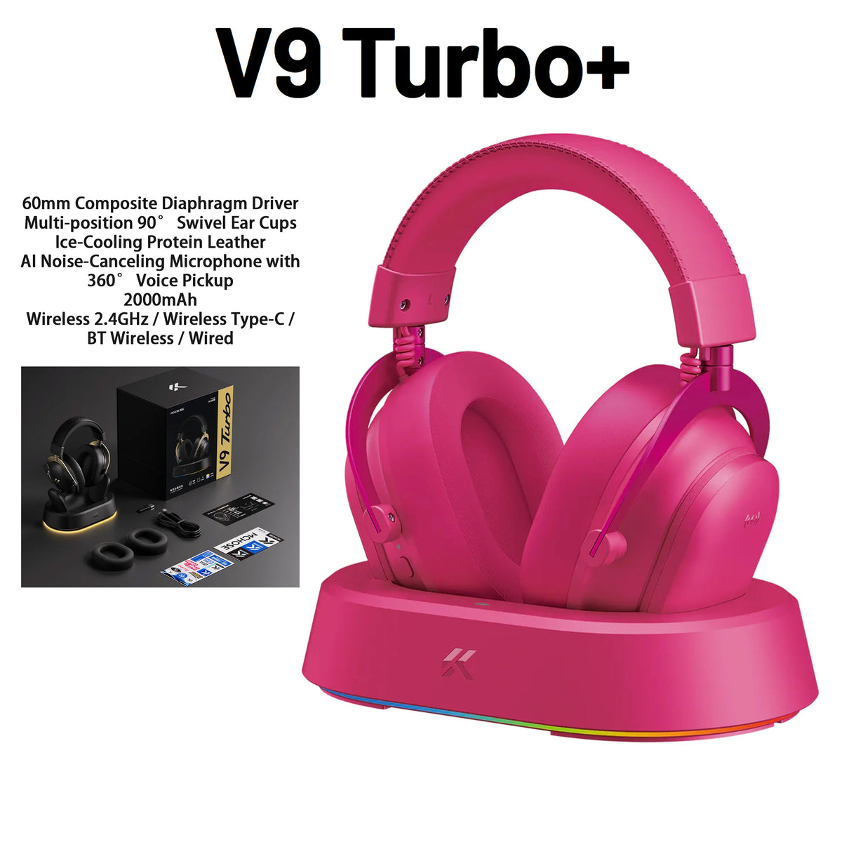 Auriculares gaming inalámbricos fucsia en base, con copas acolchadas