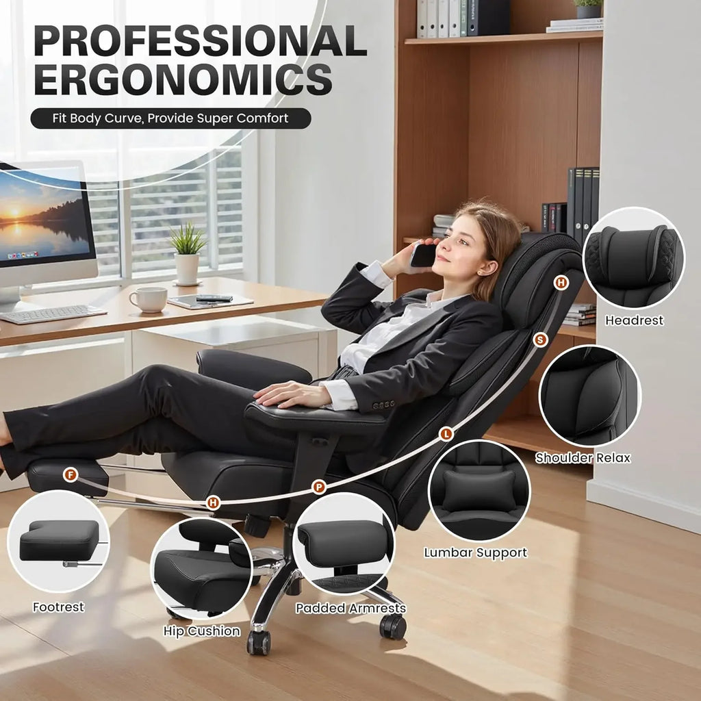 Silla de oficina negra reclinable con reposapiés, cojín lumbar y apoyabrazos