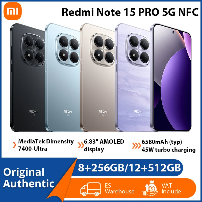 Smartphone Xiaomi Redmi Note 15 Pro 5G NFC 8GB 256GB 512GB Pantalla AMOLED de 6,83" Cámara OIS de 200MP Batería de 6580mAh con Xiaomi HyperOS 2