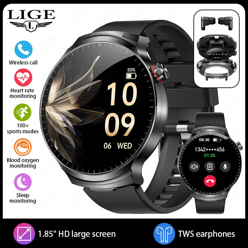 Reloj inteligente LIGE TWS con auriculares, pantalla IPS de 1.85", llamadas BT, monitor de frecuencia cardíaca y sueño, reloj inteligente deportivo resistente al agua para Android e iOS